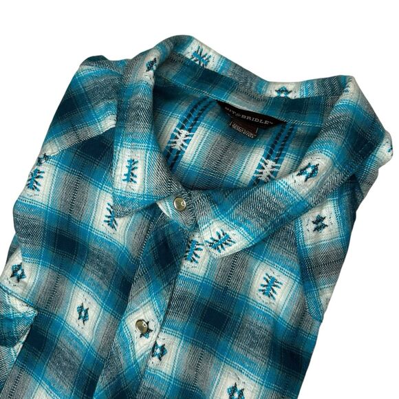Bit &Bridle Woman's Size‎ 2X Blue Plaid Flannel Pearl Snap Southwestern Shirt - Picture 1 of 8